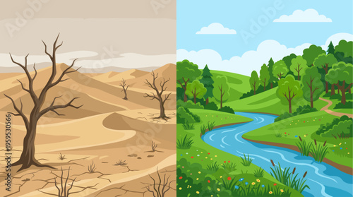 This illustration visually contrasts a barren desert landscape with a vibrant, flourishing natural scene, representing change, environment, and growth.