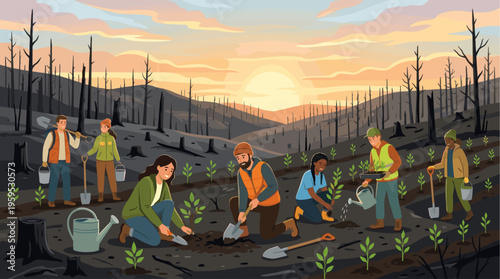 A diverse group of people are actively planting young trees in a devastated forest area during a beautiful sunset, symbolizing hope and renewal.