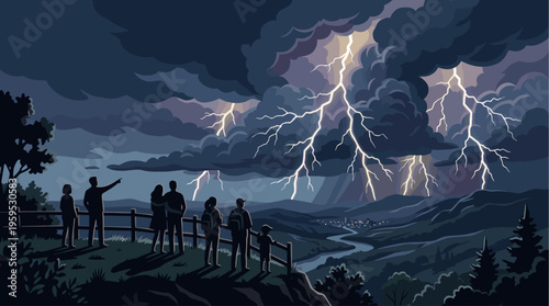 Silhouettes of a family watch a dramatic lightning storm over a scenic valley with a winding river and a small town at dusk.