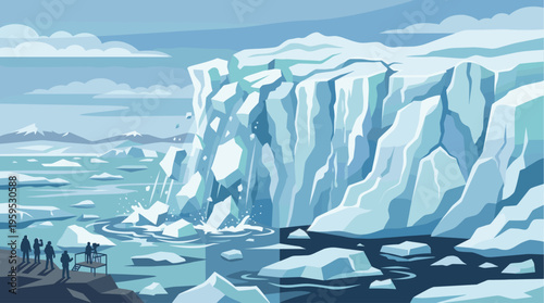 A stylized illustration of a massive glacier calving icebergs into the frigid Antarctic ocean with observers watching from the shore.