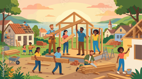 A diverse group of adults and children work together building a house, carrying wood, painting a wall, and constructing the roof during a warm sunset.