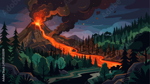 An erupting volcano spews lava and smoke into a dark, moody sky, with a river of molten rock flowing through a forested landscape of pine trees and rocks.