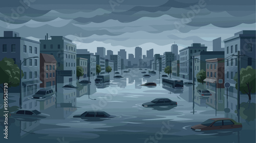 A desolate city street is submerged in floodwaters, with cars, a bus, and a truck partially underwater under a cloudy sky.