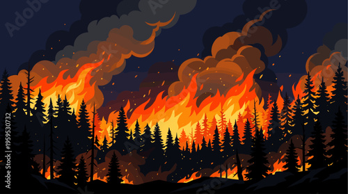 A dramatic illustration depicts a raging forest fire at night, with silhouetted pine trees against a backdrop of intense orange flames and dark, billowing smoke.