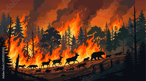 Silhouettes of various wild animals including deer, bears, and wolves escape a raging forest fire, with smoke billowing into the orange sky.