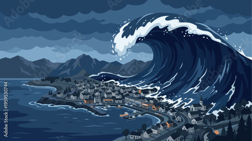 A colossal tsunami wave crashes down on a quaint, dark coastal village nestled beside mountains under a stormy sky.