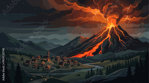 A dramatic illustration depicts a volcano erupting with lava flowing down its slopes under a stormy, starry night sky, while a small village below remains illuminated.