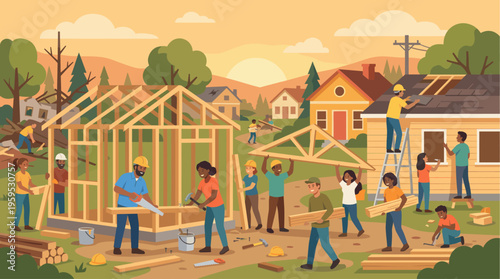 Diverse group of people working together to construct a wooden house frame, with a warm sunset casting a golden glow over the suburban landscape.