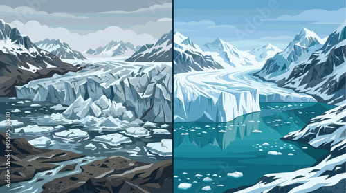 Split image shows a vibrant, icy glacier against a blue sky on one side, contrasting with a duller, melting glacier with moraine on the other.