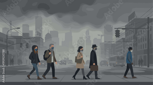 A diverse group of people in masks walk across a street in a city shrouded in heavy smog, illustrating environmental concerns or pandemic precautions.