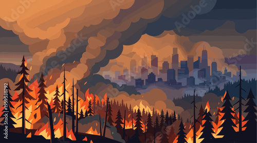 A dramatic flat illustration shows a wildfire raging through a pine forest, with thick smoke plumes rising towards a city skyline in the distance.