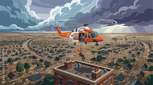 A rescue helicopter lowers a rescuer by rope to a stranded person on a building rooftop amidst a flooded urban landscape under stormy skies.