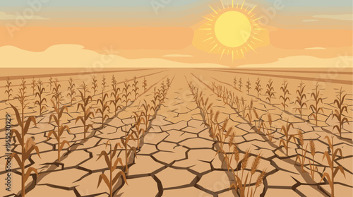 A flat illustration depicts a parched cornfield with cracked earth under a blazing sun and warm sky, symbolizing drought and agricultural hardship.
