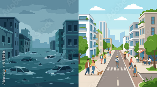 Split screen image shows a flooded city with submerged cars and buildings on one side, contrasting with a vibrant, revitalized city with people enjoying urban life on the other.