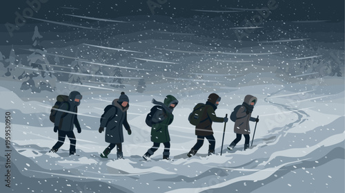 A group of hikers ventures through a harsh blizzard in a snow-covered forest, battling the elements with determination and trekking poles on a cold winter day.