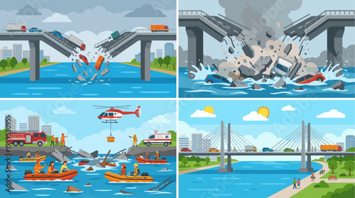 A series of illustrations depicts a bridge collapse disaster with rescue efforts and a functional bridge, highlighting the contrast between chaos and normalcy.