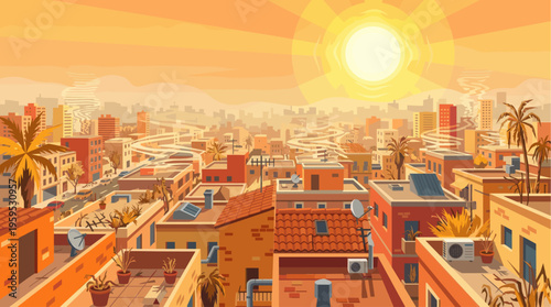 A vibrant, stylized cityscape bathed in warm sunlight features buildings with terracotta roofs, palm trees, and a distant hazy horizon.