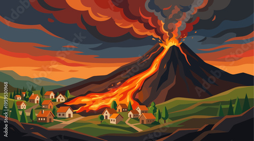 A dramatic illustration of a volcano erupting with fiery lava flowing down its slopes towards a small village nestled in the green valley below.