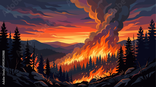 A dramatic forest fire rages under a vibrant sunset sky, with silhouetted pine trees and rolling hills illuminated by flames and smoke.
