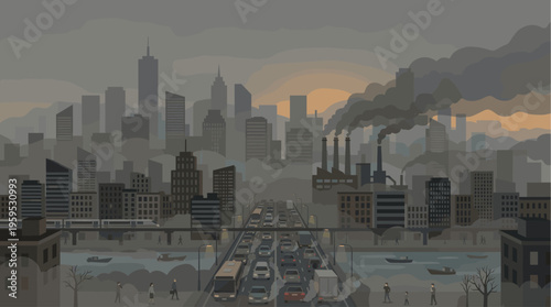 Dense smog blankets a city skyline with traffic jams, a river, and industrial smoke stacks creating an atmosphere of environmental concern and urban pollution.