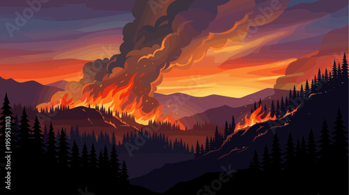 A dramatic illustration depicts a raging forest fire consuming a mountainside, with vibrant orange flames licking against a twilight sky.