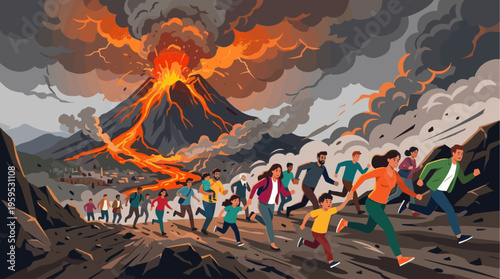 A diverse group of people, including adults and children, run in panic from a destructive volcano eruption with lava flowing and ash clouds filling the sky.