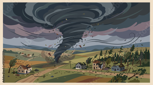 A powerful tornado wreaks havoc on a rural village, destroying homes and trees amidst dark, swirling clouds and debris.