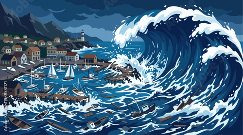 A colossal ocean wave inundates a coastal village and harbor, causing destruction to docks and sinking numerous boats in a dramatic storm scene.