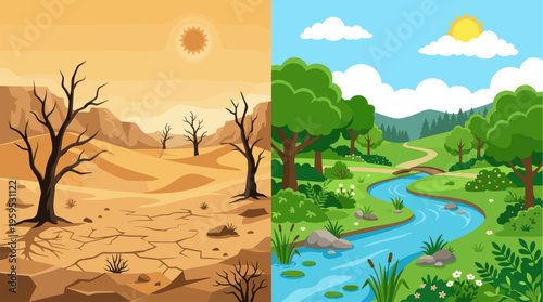 A split image contrasts a barren, cracked desert with a vibrant, green landscape, illustrating the stark difference between drought and abundance.