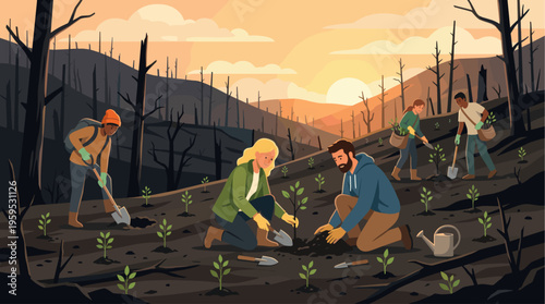 Diverse group of people replanting young trees in a barren landscape after a fire, symbolizing hope and restoration at sunset.
