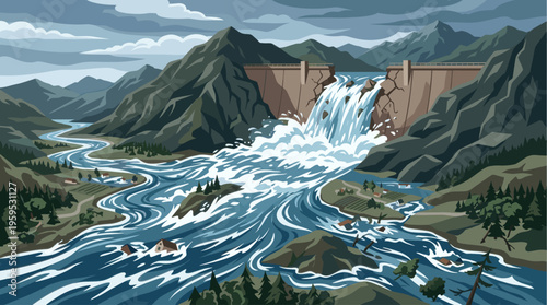 A dramatic illustration shows a broken dam unleashing powerful water onto a valley, with mountains, trees, and small houses caught in the flood's path, conveying disaster and chaos.