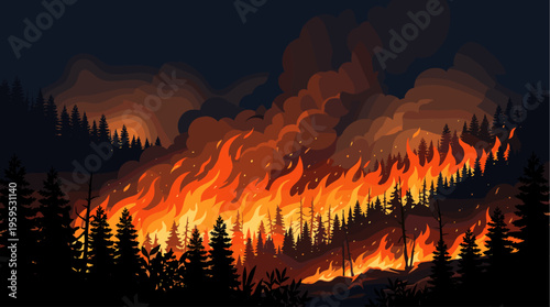 A stylized illustration depicts a dark forest at night engulfed in a raging wildfire with vibrant orange flames and billowing smoke against a deep navy sky.