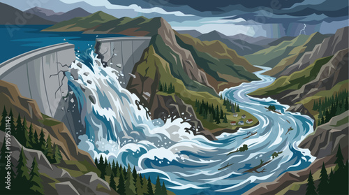A monumental concrete dam ruptures dramatically, unleashing a torrent of water into a valley below, under a dark, stormy sky with lightning.