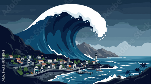 A massive tsunami wave looms over a picturesque coastal village, threatening destruction with its immense power. The scene captures a sense of impending doom and natural disaster.