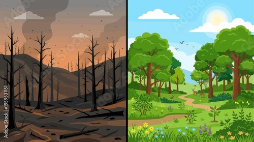 A stark comparison of a desolate, burnt forest next to a vibrant, thriving woodland teeming with life, illustrating environmental recovery and hope.