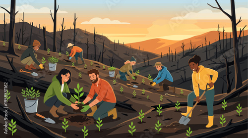 A group of diverse people are planting saplings on a burnt hillside at sunset, symbolizing renewal and hope.