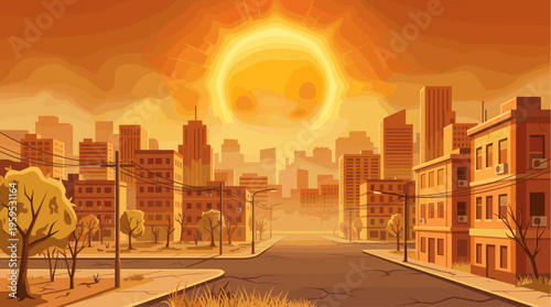 A stylized city skyline is bathed in the warm orange glow of a large, bright sun setting behind the buildings under a hazy sky.
