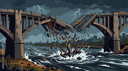 A dramatic illustration of a bridge collapsing during a thunderstorm, with cars falling into the water below amidst debris and lightning.