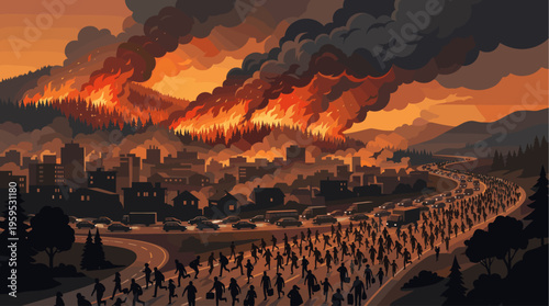 A city skyline shrouded in smoke and flames from a massive wildfire as people and cars evacuate on a crowded highway.