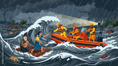A rescue boat with four crew members navigates turbulent, flooded waters under a dark, stormy sky to save a family stranded on a raft.