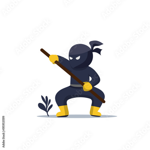 Cute cartoon ninja character holding a wooden staff in a crouching pose flat vector illustration isolated on white