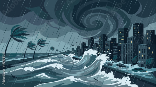 A city skyline succumbs to a powerful hurricane with towering waves and heavy rain, depicting extreme weather and natural disaster.
