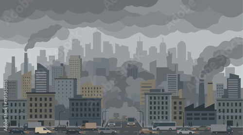 Overcast sky and industrial smog shroud a dense city skyline filled with buildings and busy traffic on the streets below, conveying a mood of environmental concern.