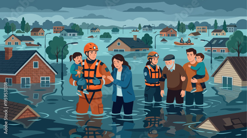 Rescuers in orange vests help families evacuate a flooded town filled with submerged houses and debris under a dark, stormy sky.