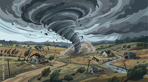 A powerful tornado tears through a rural landscape, causing widespread destruction to homes, farms, and trees under a stormy, dark sky.