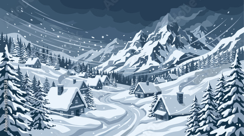 A stylized illustration depicts a quaint village nestled in a snowy mountain valley during a winter storm with swirling snowflakes and dark clouds above.
