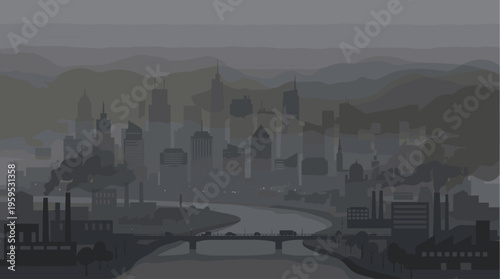 A desolate, monochromatic cityscape shrouded in smog features industrial factories emitting smoke, a bridge with traffic, and distant hills, conveying a mood of pollution and urban decay.