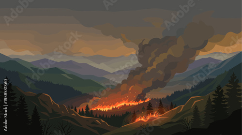 A dramatic wildfire rages through a valley surrounded by mountains, casting an ominous glow under a smoky, overcast sky, conveying environmental danger.