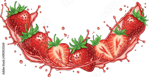 Fresh strawberries splash composition with juicy red berries and liquid wave dynamic fruit vector illustration healthy food design isolated