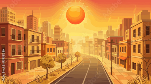 A warm, vibrant sunset casts long shadows across a city street lined with buildings and trees, creating a peaceful and nostalgic atmosphere.